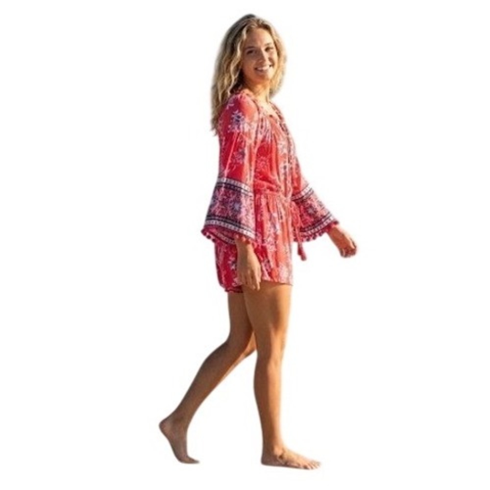 American Rag Pink Floral Pom Pom Bell Sleeve Romper Boho Festival Beach Medium M